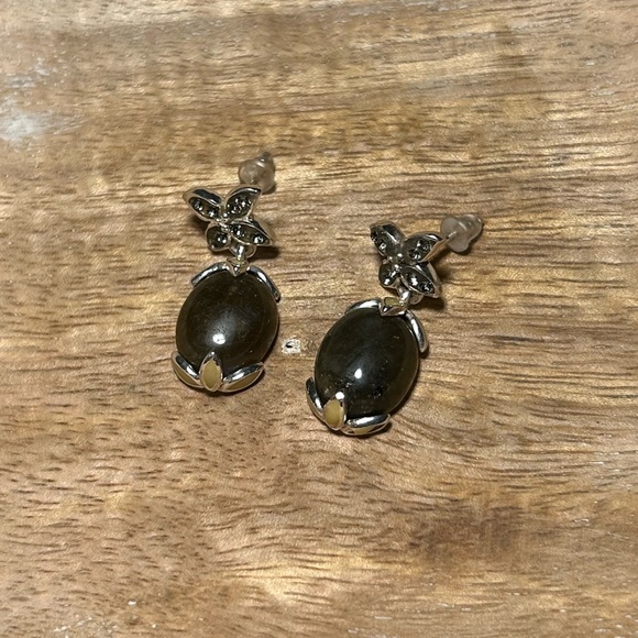 David Sigal Green Labradorite Flower Enamel 925 Sterling Silver Drop Earrings - Picture 1 of 15